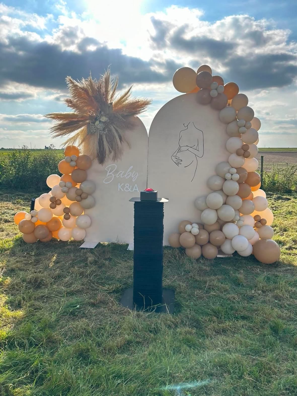 Arches nude, ballons terracotta et herbes de pampa pour une baby shower